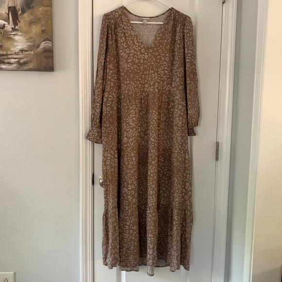 a new day Dresses & Skirts - A New Day Brown Leopard‎ Print Tiered Maxi Dress Long Sleeve V-Neck Rayon Small